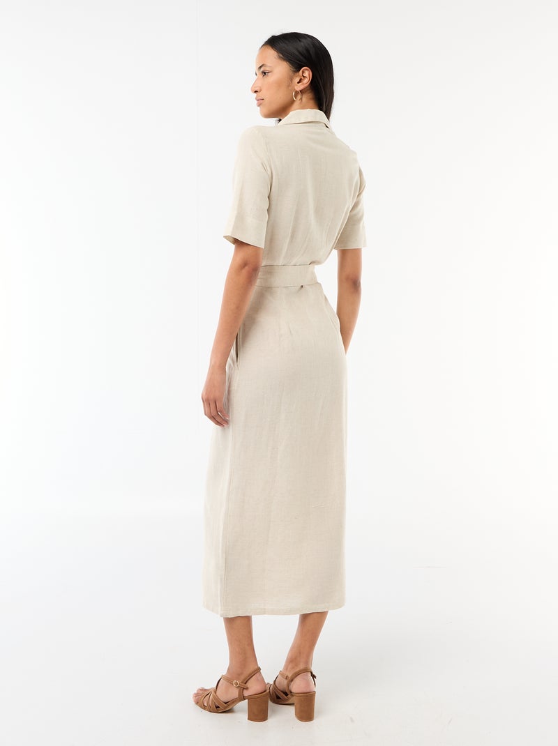 Vestido camisero largo de manga corta en algodón y lino Beige - Kiabi