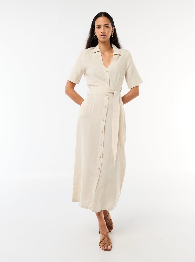 Vestido camisero largo de manga corta en algodón y lino Beige - Kiabi