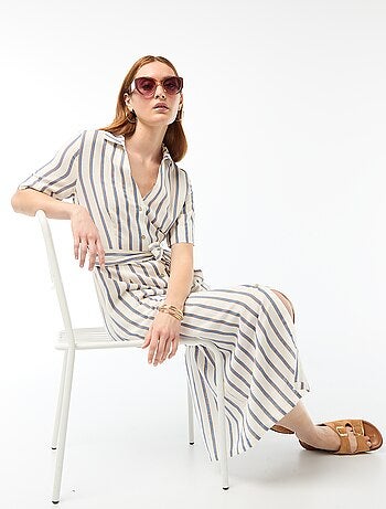 Vestido camisero largo de manga corta en algodón y lino