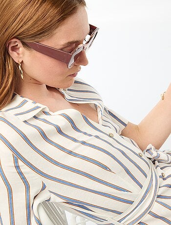 Vestido camisero largo de manga corta en algodón y lino