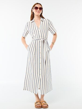 Vestido camisero largo de manga corta en algodón y lino