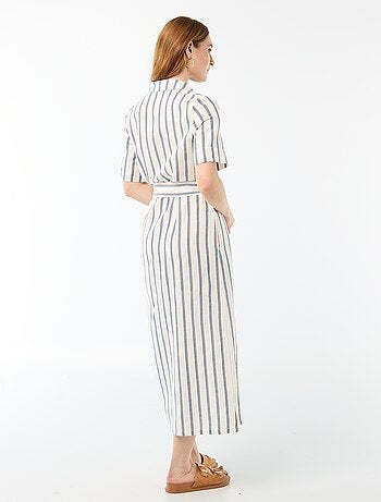 Vestido camisero largo de manga corta en algodón y lino