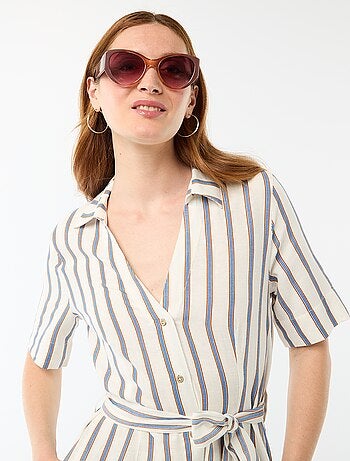 Vestido camisero largo de manga corta en algodón y lino