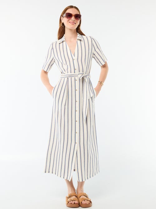 Vestido camisero largo de manga corta en algodón y lino - Kiabi