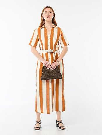 Vestido camisero largo de manga corta en algodón y lino