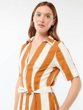 Vestido camisero largo de manga corta en algodón y lino