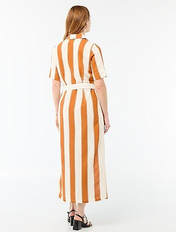 Vestido camisero largo de manga corta en algodón y lino