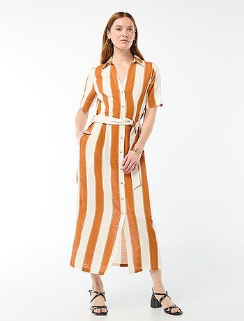 Vestido camisero largo de manga corta en algodón y lino