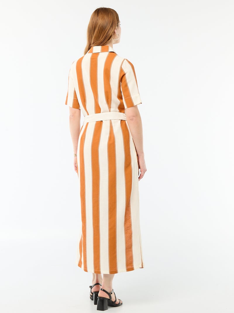 Vestido camisero largo de manga corta en algodón y lino Rosa - Kiabi