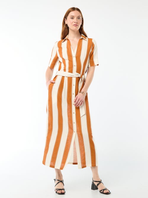 Vestido camisero largo de manga corta en algodón y lino - Kiabi
