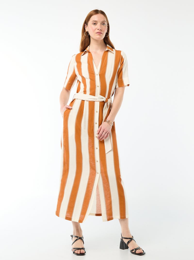 Vestido camisero largo de manga corta en algodón y lino Rosa - Kiabi