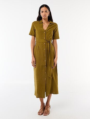 Vestido camisero largo de manga corta en algodón y lino
