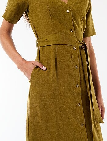 Vestido camisero largo de manga corta en algodón y lino