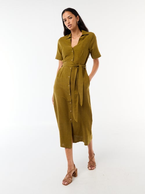 Vestido camisero largo de manga corta en algodón y lino - Kiabi