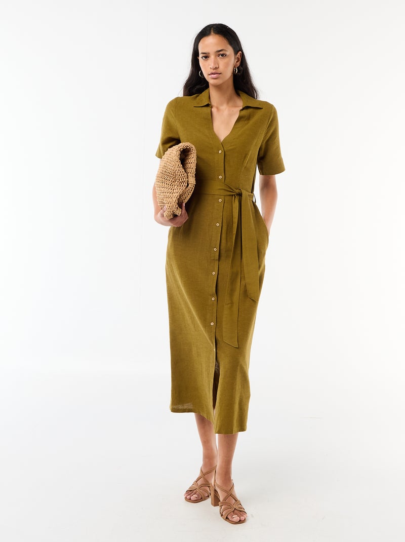 Vestido camisero largo de manga corta en algodón y lino Verde - Kiabi