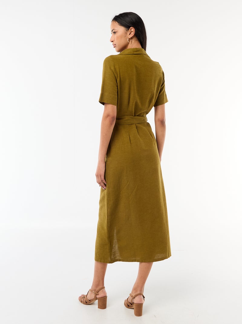 Vestido camisero largo de manga corta en algodón y lino Verde - Kiabi