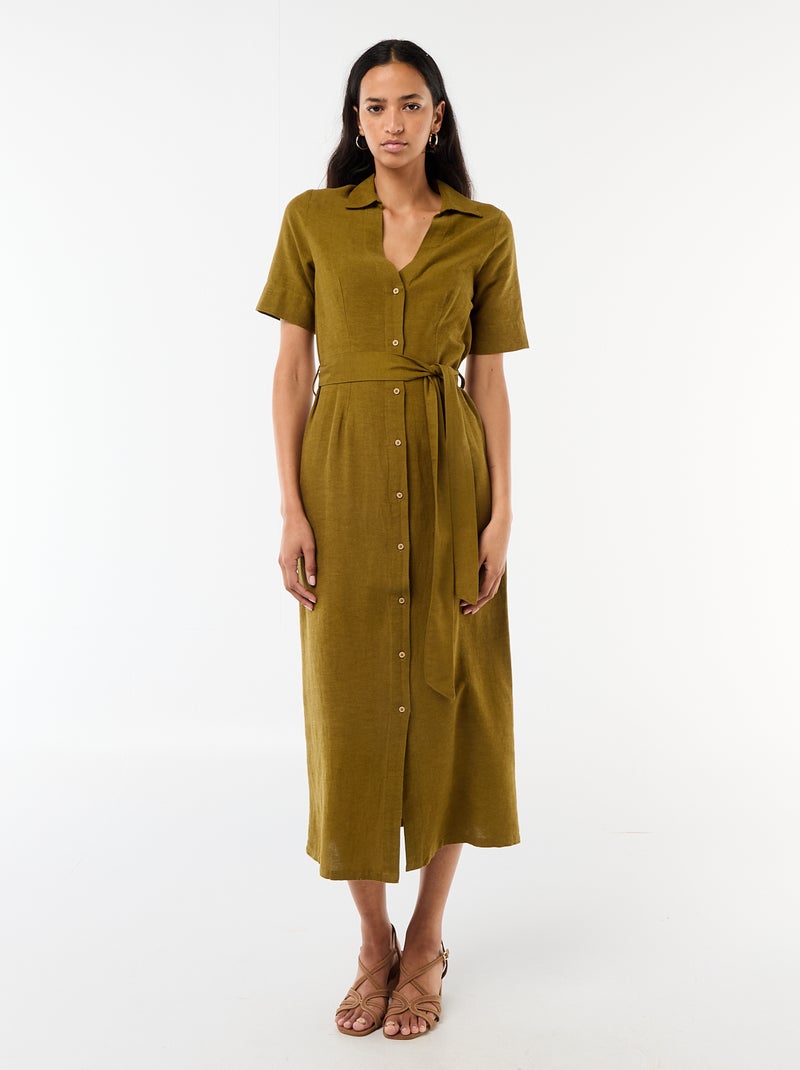 Vestido camisero largo de manga corta en algodón y lino Verde - Kiabi