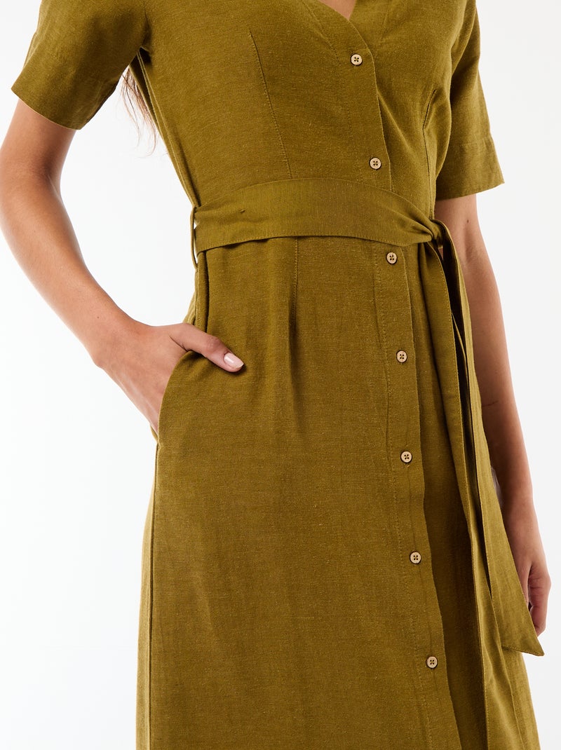 Vestido camisero largo de manga corta en algodón y lino Verde - Kiabi