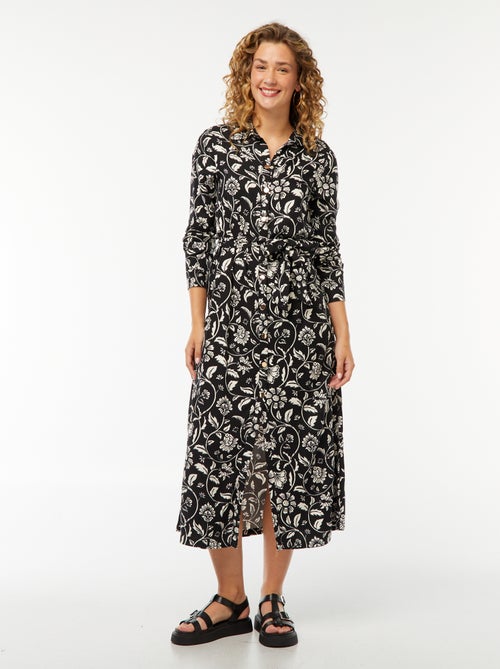 Vestido camisero largo estampado con cinturón - Kiabi