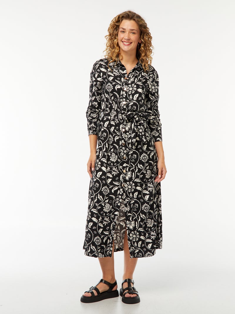 Vestido camisero largo estampado con cinturón Negro - Kiabi