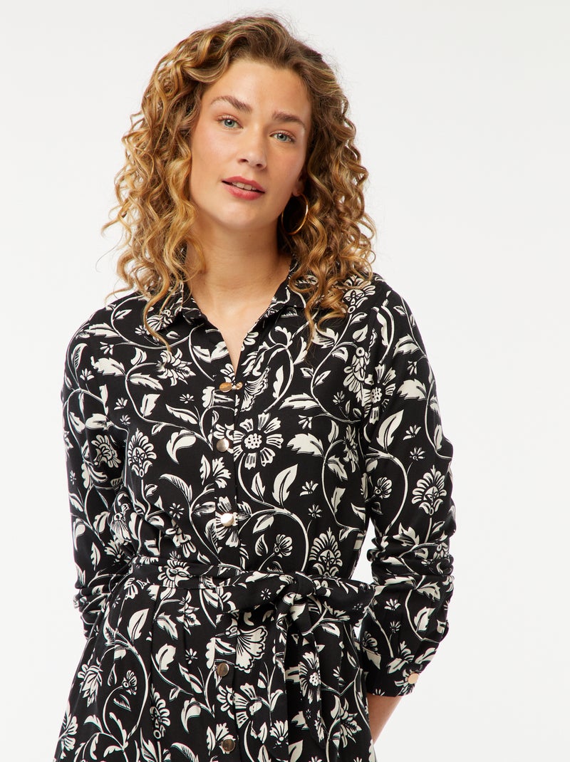Vestido camisero largo estampado con cinturón Negro - Kiabi