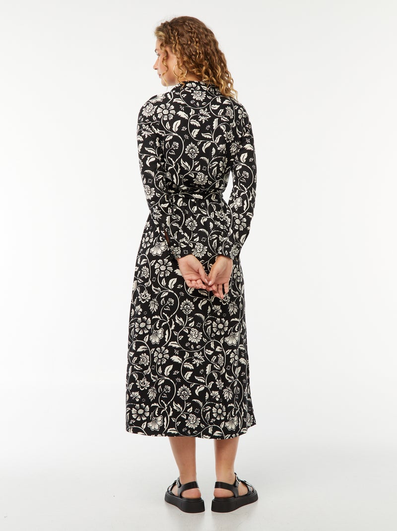 Vestido camisero largo estampado con cinturón Negro - Kiabi
