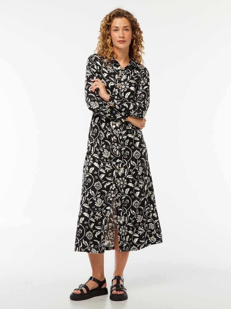 Vestido camisero largo estampado con cinturón Negro - Kiabi