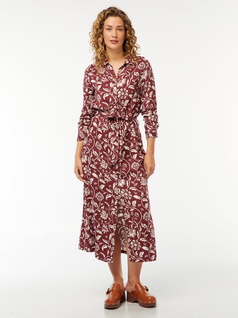 Vestido camisero largo estampado con cinturón Rojo - Kiabi