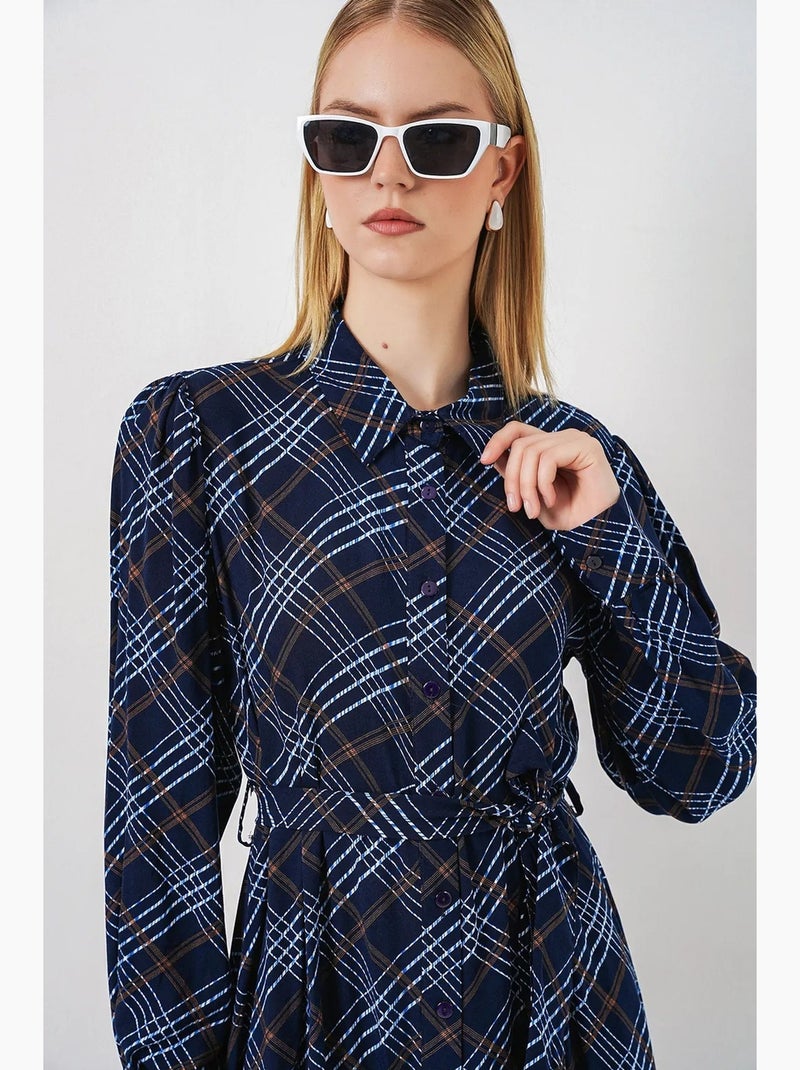 Vestido camisero midi a cuadros con cierre de botones bdart Azul marino - Kiabi