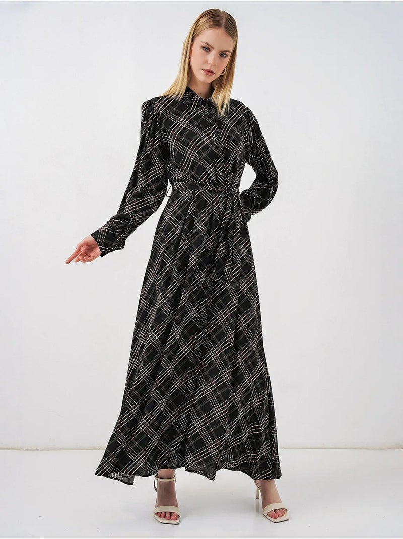 Vestido camisero midi a cuadros con cierre de botones bdart Gris negro - Kiabi