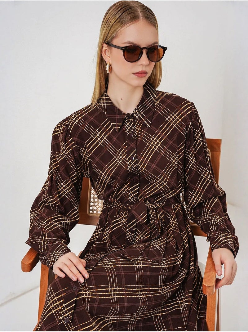 Vestido camisero midi a cuadros con cierre de botones bdart Marrón chocolate - Kiabi