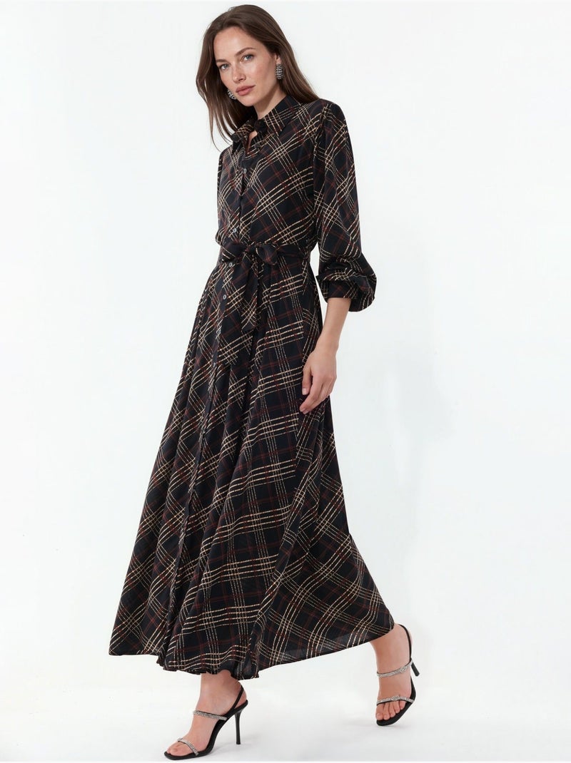 Vestido camisero midi a cuadros con cierre de botones bdart Negro - Kiabi
