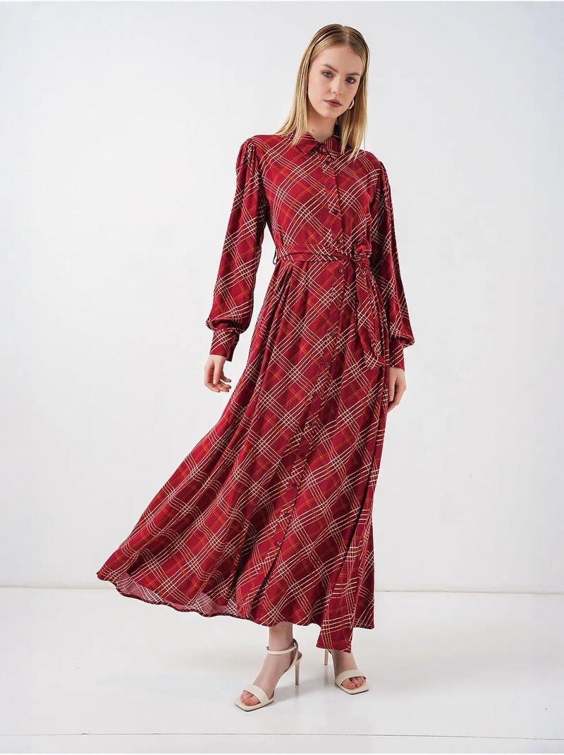 Vestido camisero midi a cuadros con cierre de botones bdart Rojo burdeos - Kiabi