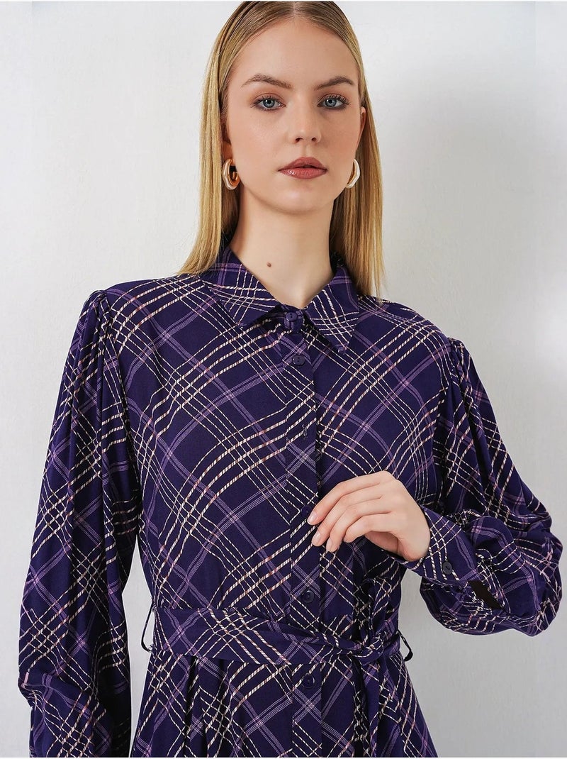 Vestido camisero midi a cuadros con cierre de botones bdart Violeta berenjena - Kiabi