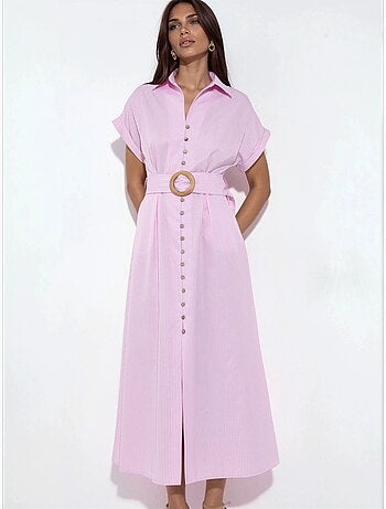Vestido camisero midi a rayas con escote en v y cinturón busem