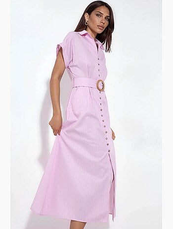 Vestido camisero midi a rayas con escote en v y cinturón busem