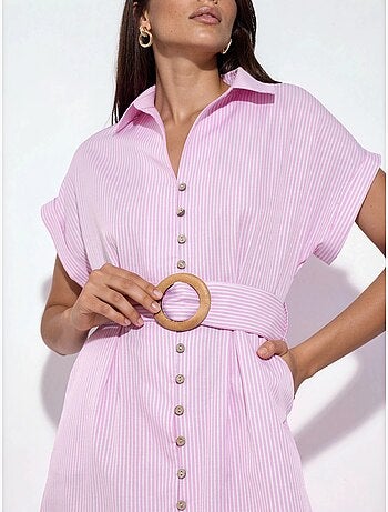 Vestido camisero midi a rayas con escote en v y cinturón busem