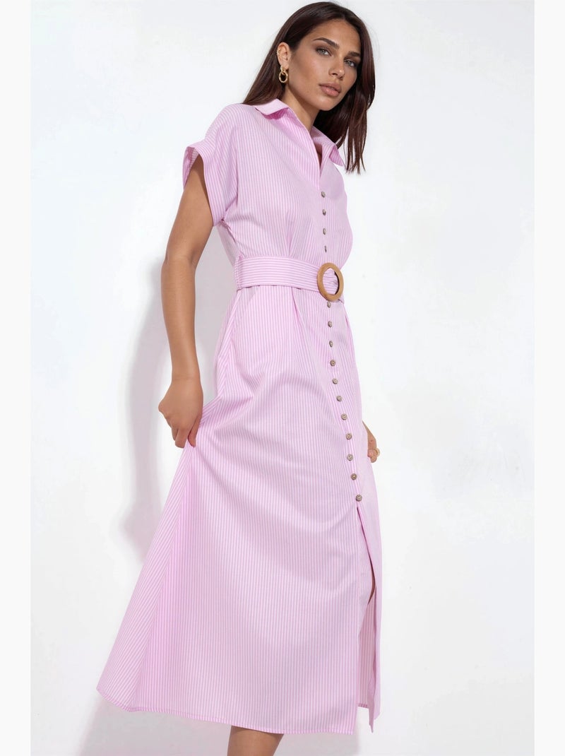 Vestido camisero midi a rayas con escote en v y cinturón busem Rosa pálido - Kiabi