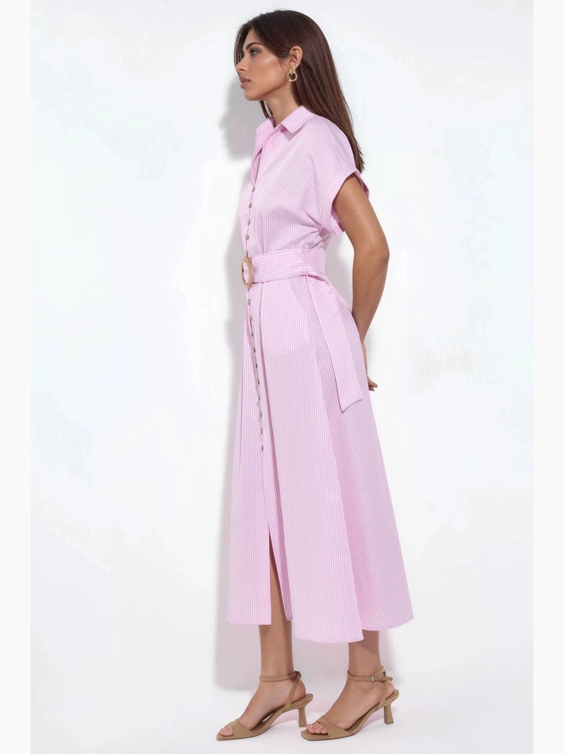 Vestido camisero midi a rayas con escote en v y cinturón busem Rosa pálido - Kiabi