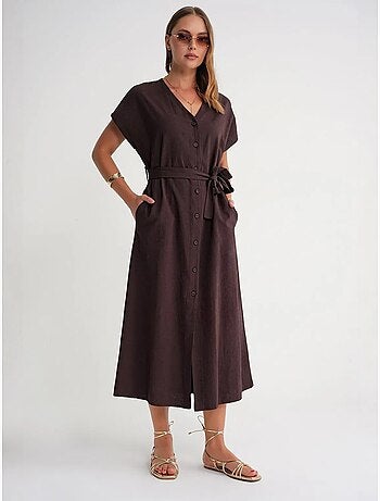 Vestido camisero midi con cierre de lazo y detalles de accesorios mixray