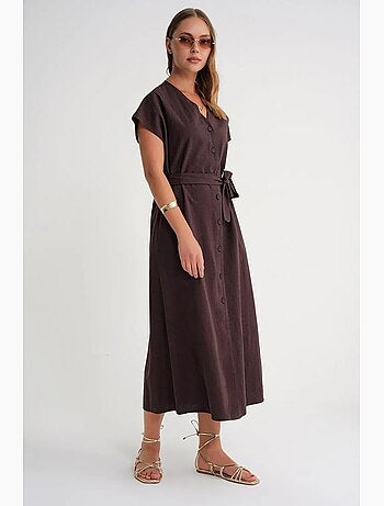 Vestido camisero midi con cierre de lazo y detalles de accesorios mixray