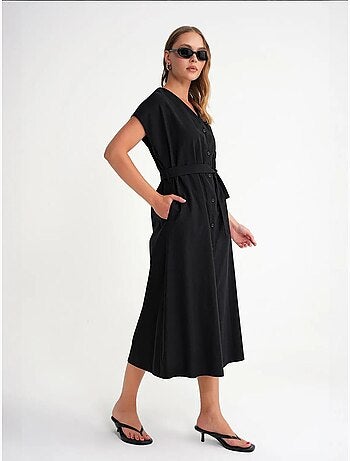 Vestido camisero midi con cierre de lazo y detalles de accesorios mixray
