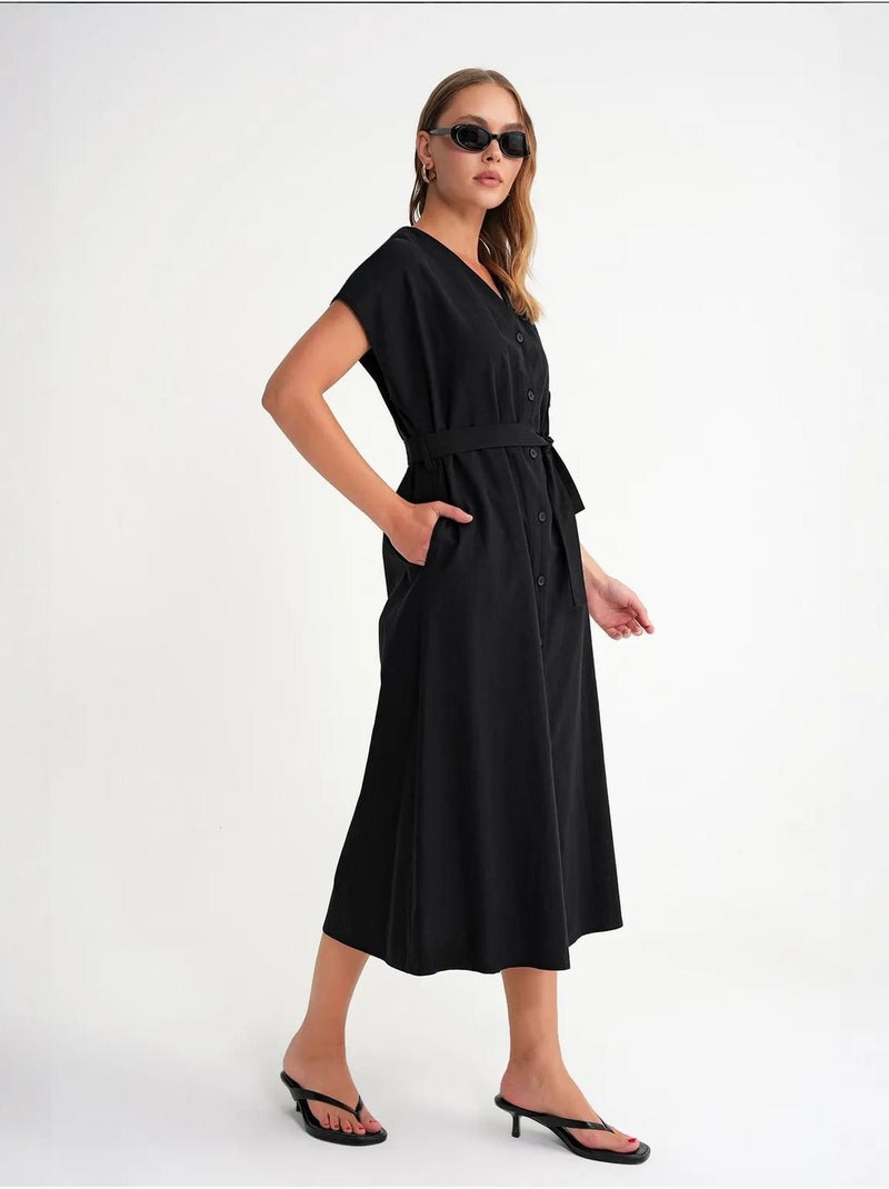 Vestido camisero midi con cierre de lazo y detalles de accesorios mixray Negro - Kiabi