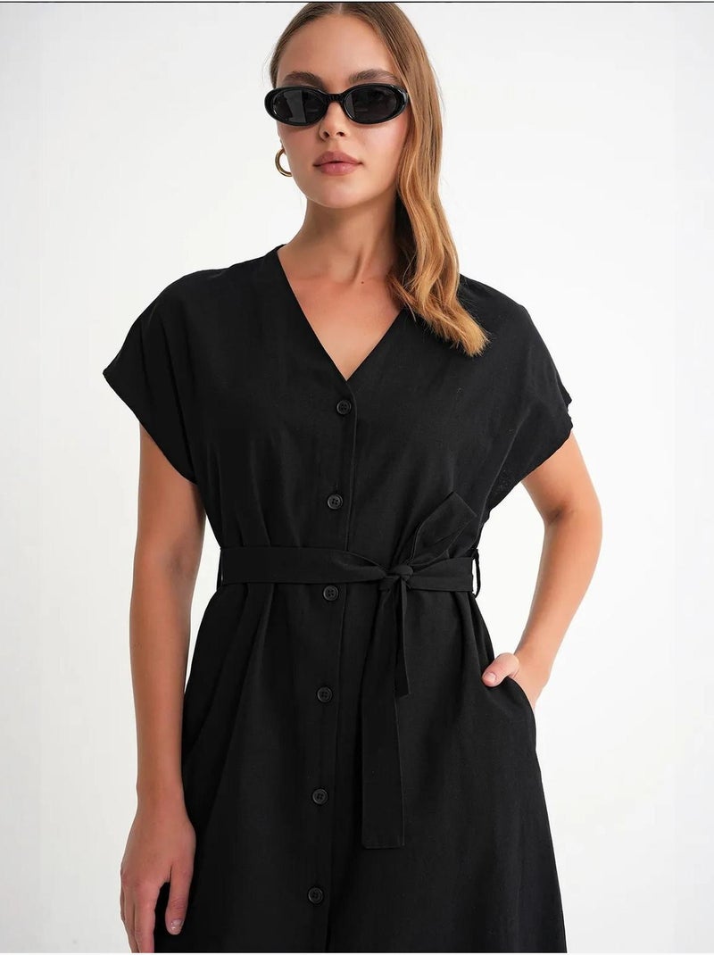 Vestido camisero midi con cierre de lazo y detalles de accesorios mixray Negro - Kiabi