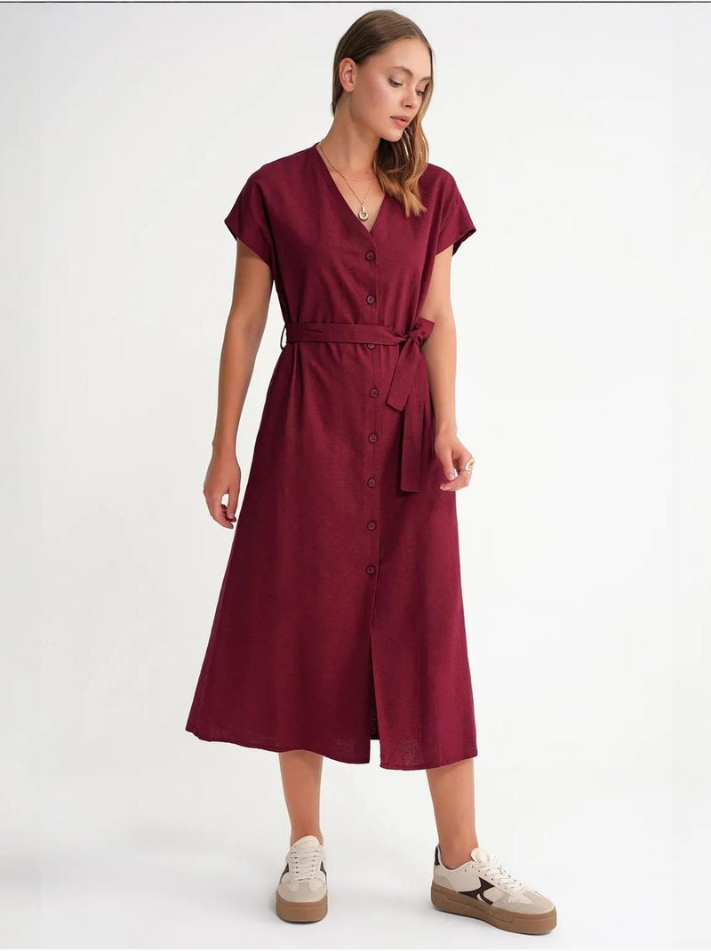 Vestido camisero midi con cierre de lazo y detalles de accesorios mixray Rojo burdeos - Kiabi