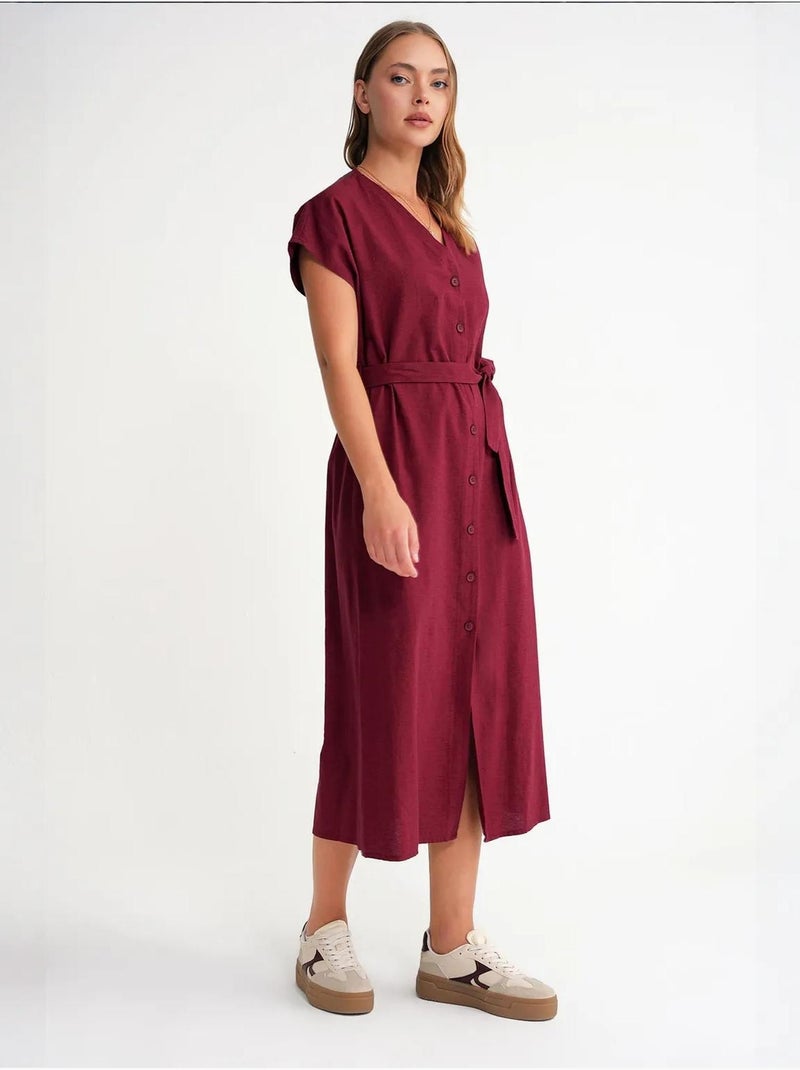 Vestido camisero midi con cierre de lazo y detalles de accesorios mixray Rojo burdeos - Kiabi