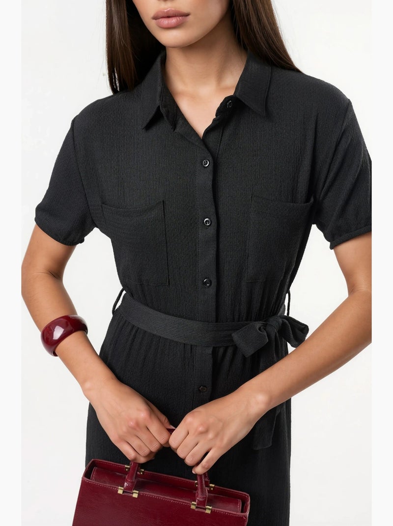 Vestido camisero midi con cinturón busem Negro - Kiabi
