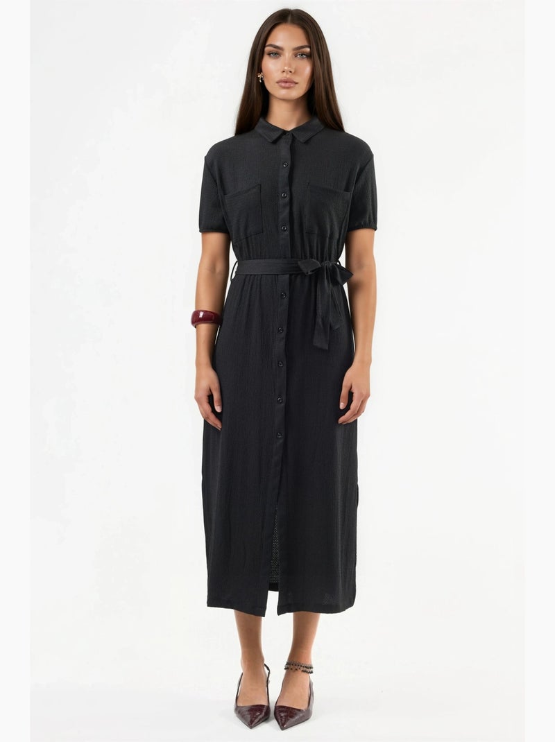Vestido camisero midi con cinturón busem Negro - Kiabi