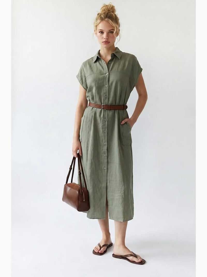 Vestido camisero midi con cinturón mixray Caqui - Kiabi