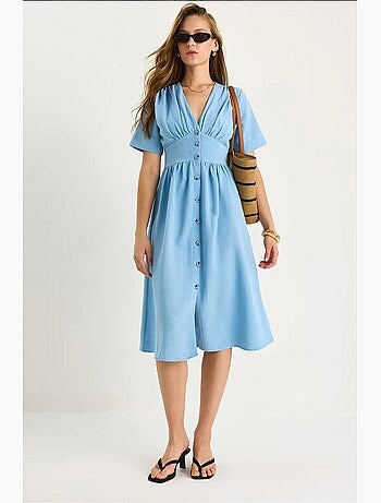 Vestido camisero midi con cuello en v y botones lucci